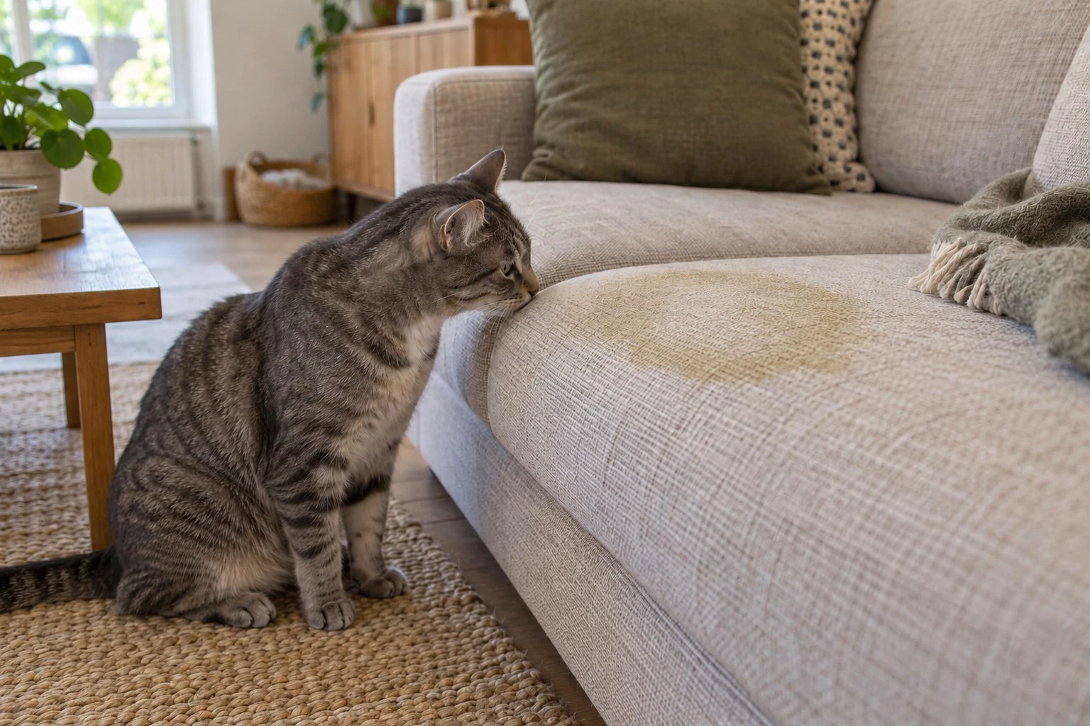 Koltukta idrar lekesinin yanında bir kedi