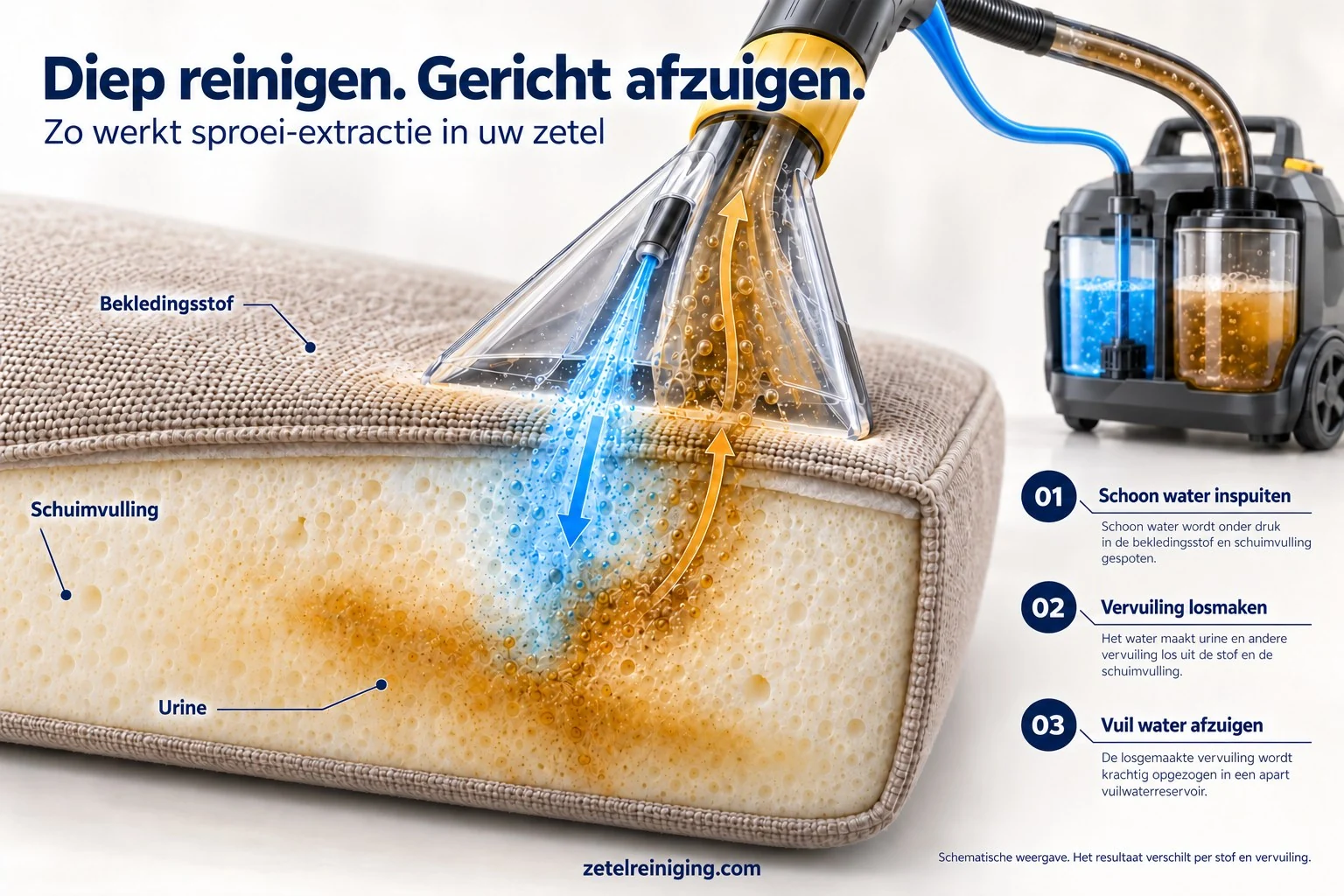 Schematische doorsnede van urine in de schuimvulling, schoonwateraanvoer en afzuiging van vuil water